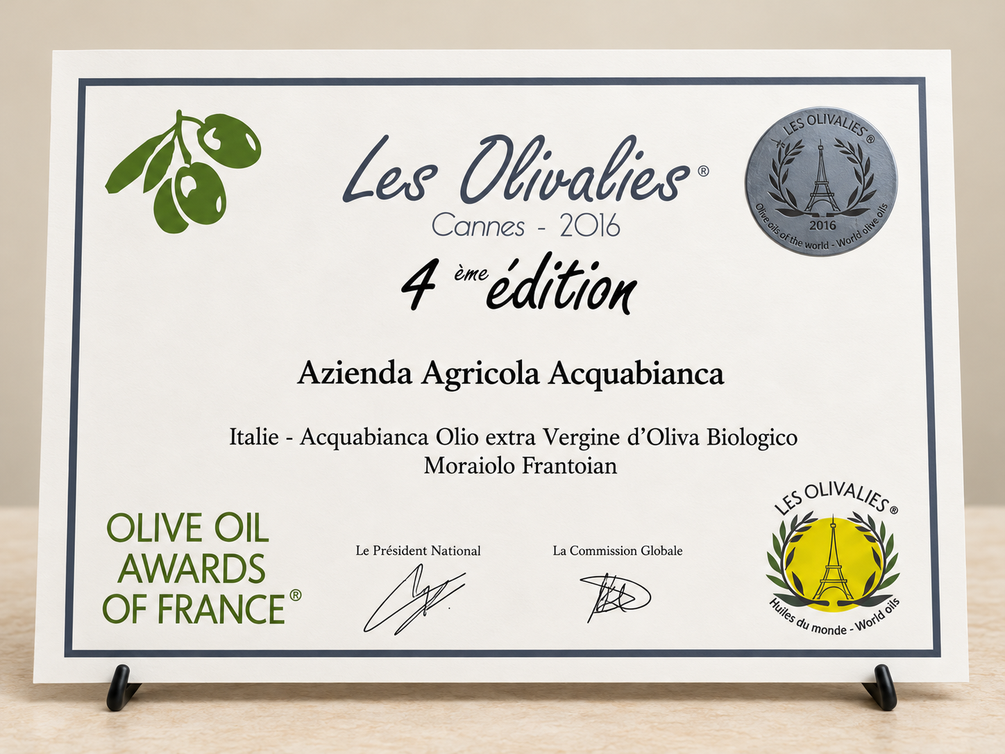 Attestato Les Olivalies Cannes 2016, Azienda Agricola Acquabianca