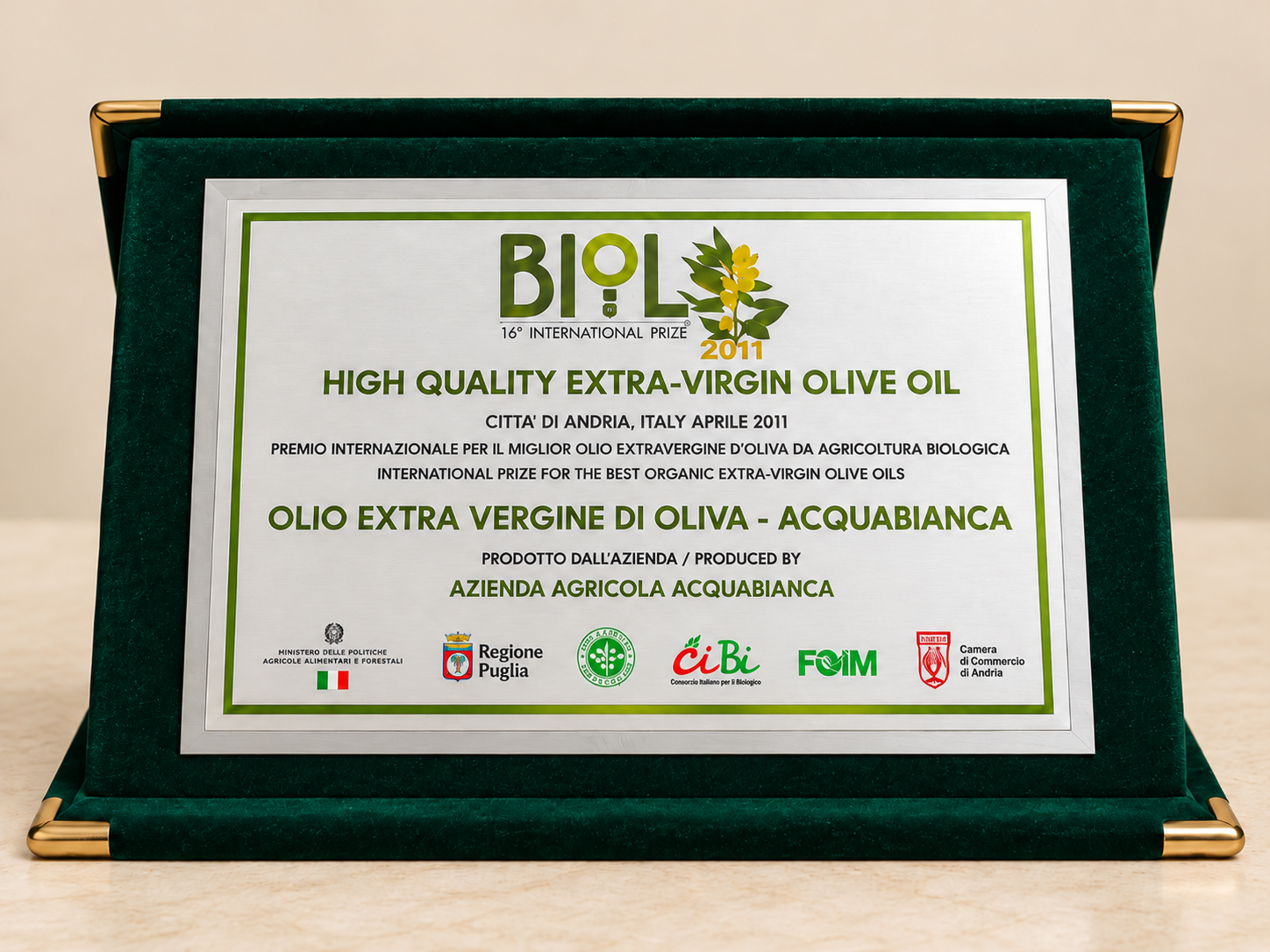 Attestato BIOL 2011 High Quality Extra Virgin Olive Oil Acquabianca